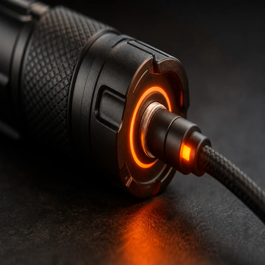 Dettaglio torcia Olight con LED e riflettore in stile cartoon